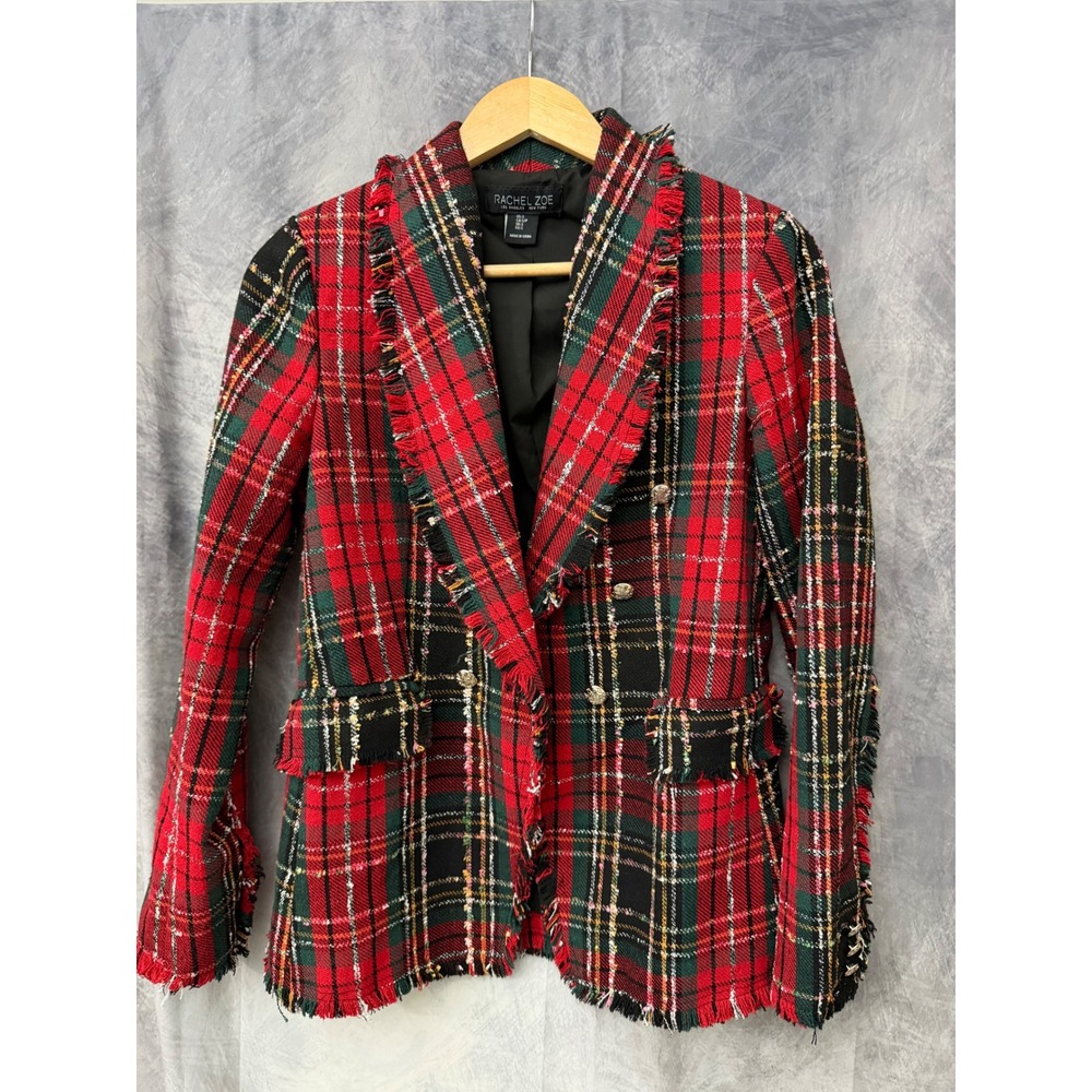 Rachel Zoe Red Plaid Tweed Blazer Frayed Trim Gold Button Jacket Small